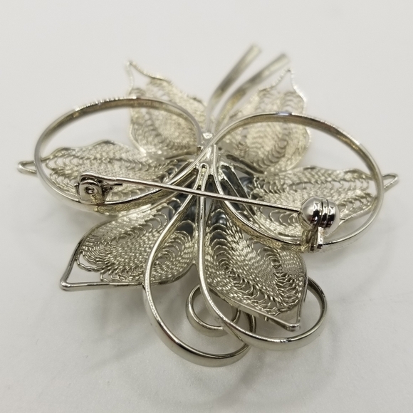 Vintage Silvertone Wirework Flower Brooch Pin Faux Pearls Gray Large Estate - Picture 8 of 10